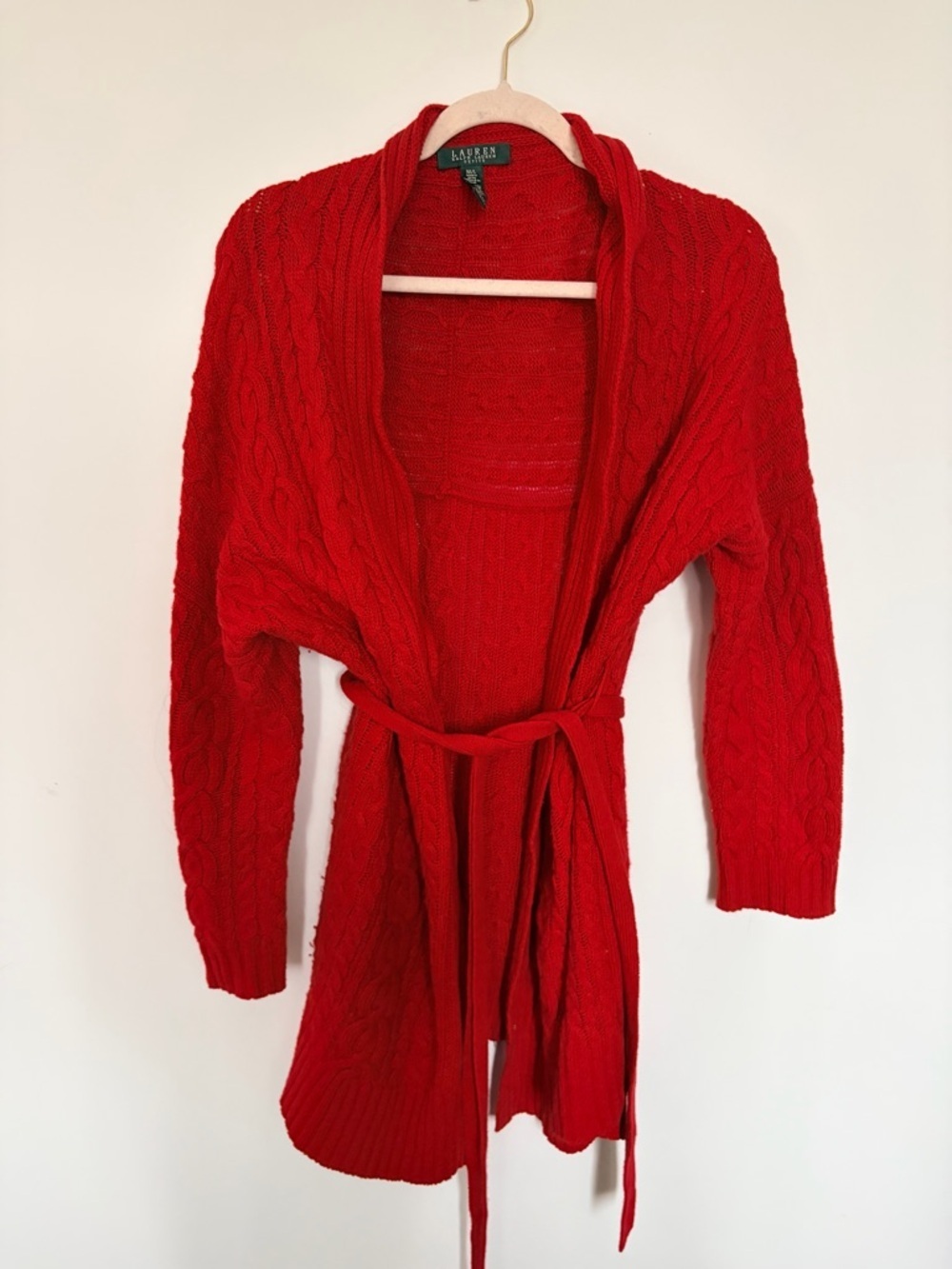 Ralph Lauren Red Cable-Knit Belted Cardigan - M/L
